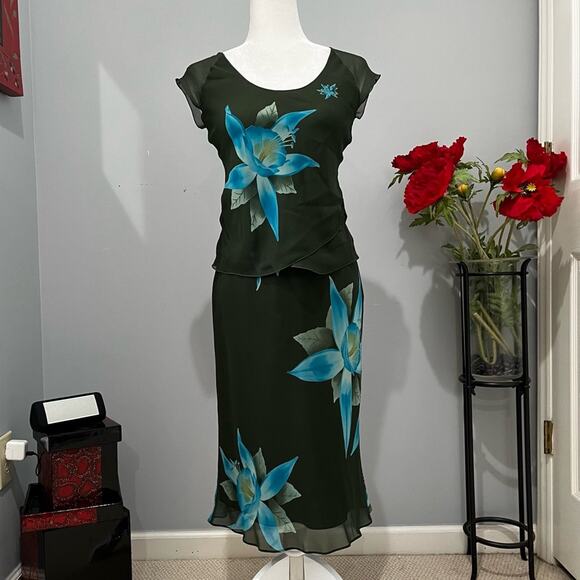 NEW Banana Republic Silk Tropical Flower Longline Midi Skirt Semi Sheer Top XS/S - Picture 2 of 16